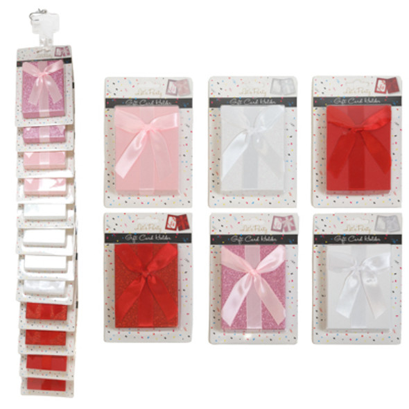 GIFT CARD HOLDER BOX W/SATIN BOW 4.4X3 X .5IN GLITTER/EMBOSSED 3CLRS/12PC MDSGSTRIP