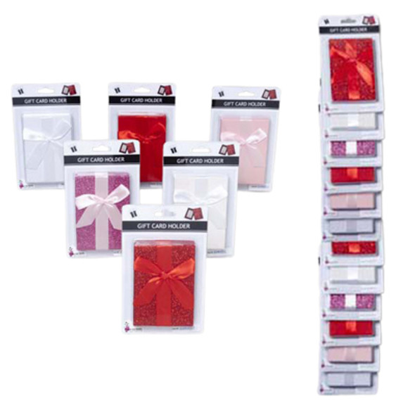 GIFT CARD HOLDER BOX W/SATIN BOW 4.4X3 X .5IN GLITTER/EMBOSSED 3CLRS/12PC MDSGSTRIP