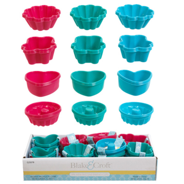 MINI BAKING CUPS 3PK/4 SILICONE SHAPES 3CLRS IN 24PC PDQ