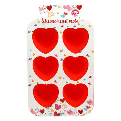 MUFFIN/CUPCAKE PAN SILICONE 6 HEART SHAPE CAVITY VAL/SLEEVE CARD