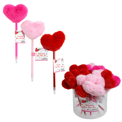 PEN HEART POM POM BALLPOINT 8.5IN RED/HOT PINK/LIGHT PINK IN 24PC PVC TUBE/LABEL