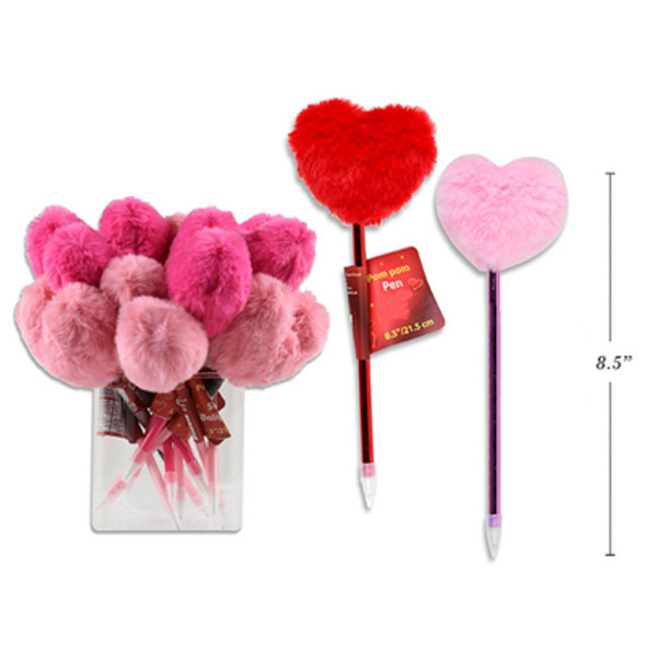 HEART POM POM BALLPOINT PEN 8.5IN RED/HOT PINK/LIGHT PINK IN 24PC PVC TUBE/LABEL