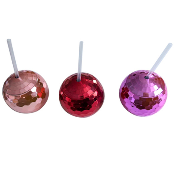 DISCO BALL TUMBLER 500ML W/STRAW 3AST COLORS RED/PINK/PURPLE LABEL