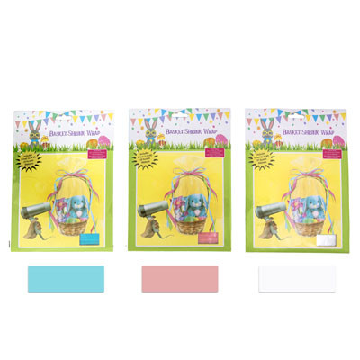 BASKET SHRINK WRAP PASTEL & CLEAR 3AST 24X30IN W/4 RIBBONS EASTER INS/PB