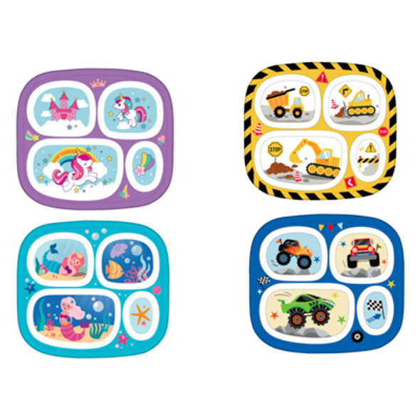DINNERWARE KIDS 4SECTION MELAMINE TRAY 2EA GIRL/BOY THEME/48PC PDQ/UPC LABEL