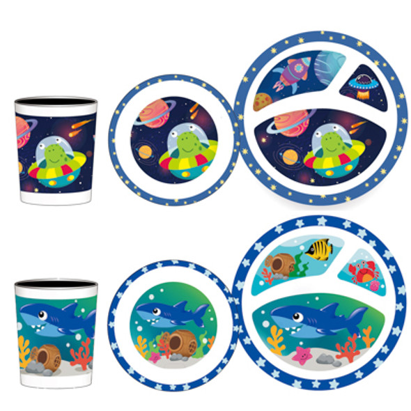 DINNERWARE MELAMINE KIDS 144PC SHIPPER OCEAN/SPACE 5.25IN BOWL/8OZ CUP/8.25IN 3SECTION PLATE DINNERWARE MELAMINE KIDS 144PC SHIPPER OCEAN/SPACE 5.25IN BOWL/8OZ CUP/8.25IN 3SECTION PLATE