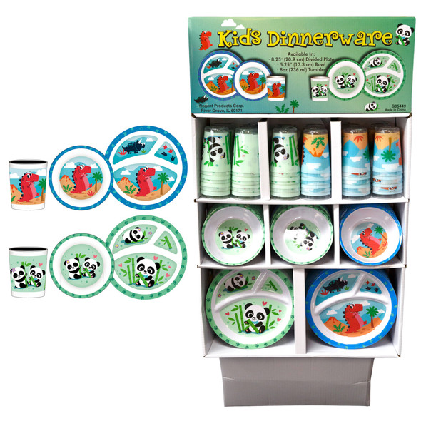 DINNERWARE KIDS MELAMINE144PC SHIPPER DINO/PANDA 5.25IN BOWL/8OZ CUP/8.25IN 3 SECTION PLATE