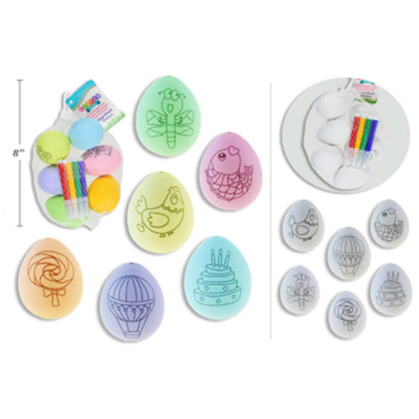 EGG DECOR KIT 2AST WHITE OR COLOR W/6 PLASTIC PRTD EGGS/4 MINI MARKER IN MESH BAG W/HT/24PC PDQ