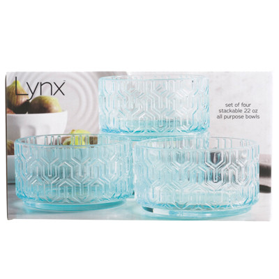 GLASS BOWLS 4PC SET 22OZ BLUE LYNX LITHO BOXED