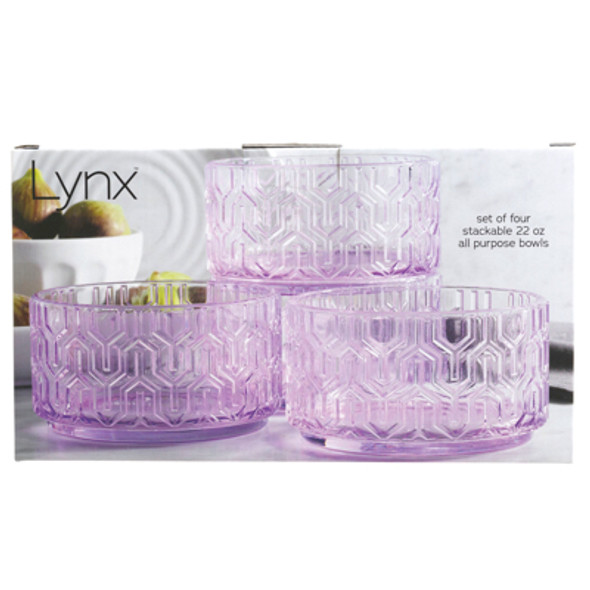GLASS BOWLS 4PC SET 22OZ LAVENDER LYNX LITHO BOXED GLASS BOWLS 4PC SET 22OZ LAVENDER LYNX LITHO BOXED
