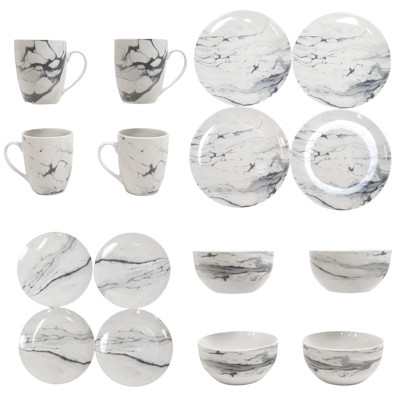 DINNERWARE 16PC SET MARBLE COUPE WHITE/GRAY BROWN BOX AMERICAN ATELIER