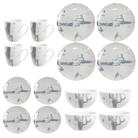 DINNERWARE 16PC SET MARBLE WHITE/BLUE BROWN BOX DINNERWARE 16PC SET MARBLE WHITE/BLUE BROWN BOX