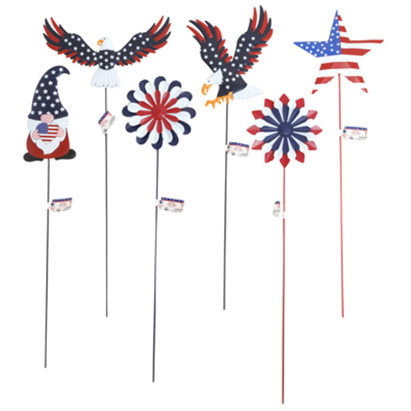 PATRIOTIC YARD STAKE 6AST/24IN METAL EAGLES/GNOME/STAR/FLOWER