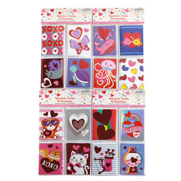 VALENTINE CARDS 12PC W/ENVELOPE 4AST COMBO PACKS 2.5X3.5IN PBH