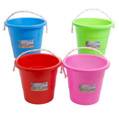 BEACH PAIL PLASTIC W/ROPE HANDLE 9.5 X 8.5 X 6IN 4ASST COLORS EA/COLOR LABEL
