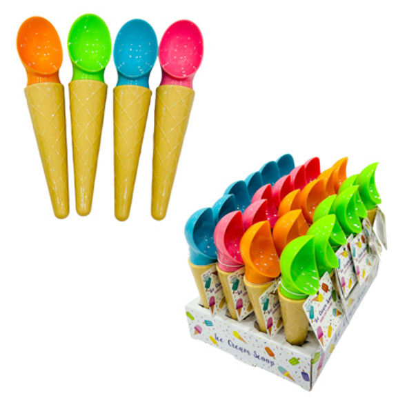 ICE CREAM SCOOP 7.87IN W/CONE-LOOK HANDLE 4AST COLORS IN 24PC PDQ ICE CREAM SCOOP 7.87IN W/CONE-LOOK HANDLE 4AST COLORS IN 24PC PDQ