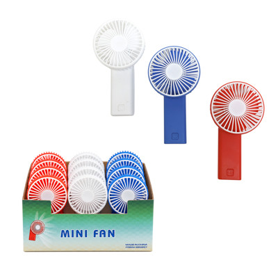 FAN MINI HANDHELD W/ADJUSTABLE NECK 3.15IN 3AST CLRS/12PC PDQ 2 AABATTERIES NOT INCLUDED