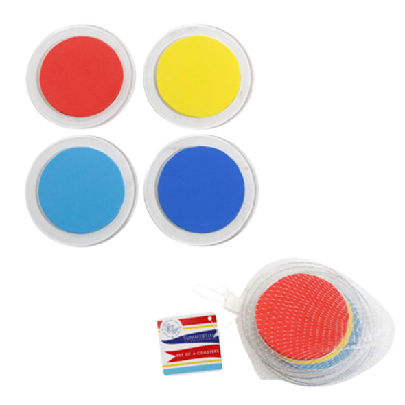 COASTER 4PK CLEAR PLASTC FRAME W/SUMMER COLOR FOAM INSETS MESH BAG W/SUMMER HANGTAG COASTER 4PK CLEAR PLASTC FRAME W/SUMMER COLOR FOAM INSETS MESH BAG W/SUMMER HANGTAG