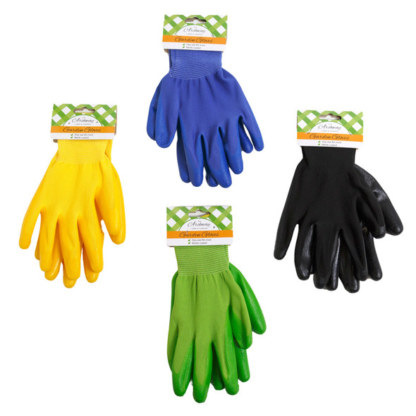 GARDEN GLOVES NITRILE COATED 4AST SOLID COLORS GARDEN CARD *NO SALE CA*