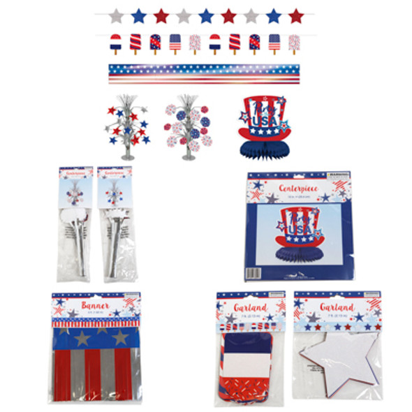 PATRIOTIC PARTY PAPER DECOR 6AST 3 BANNERS/3 CENTERPIECES