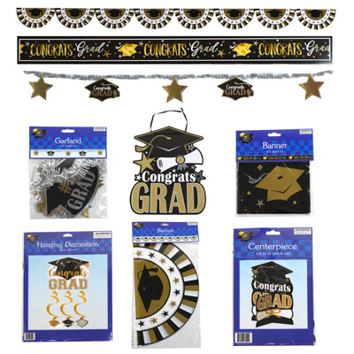 GRADUATION PARTY DECOR 6AST BLACK/GOLD BANNER/GARLAND/SWIRL/CENTERPIECE