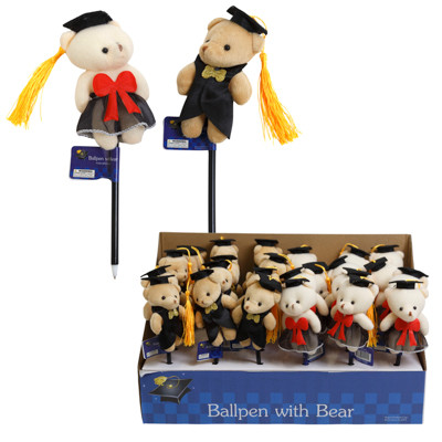 GRADUATION BEAR PLUSH ON PEN BOY/GIRL 9.25INL/24PC PDQ/BARBELL LABEL