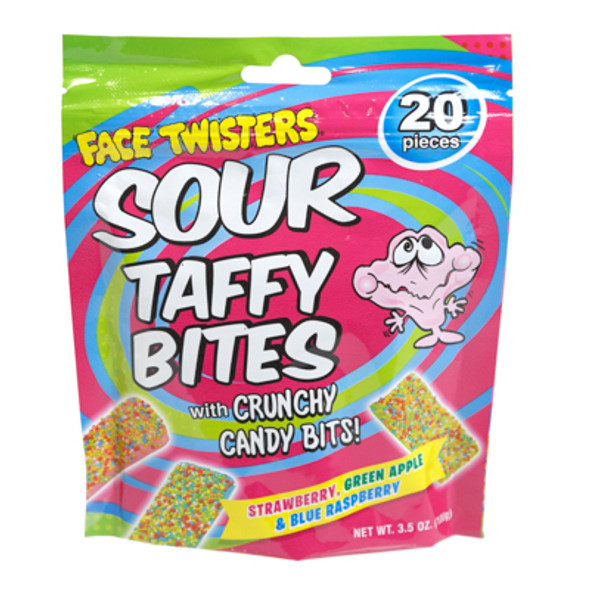 SOUR TAFFY BITES 3.5 OZ STRAWBERRY, GREEN APPLE, BLUE RASPBERRY WITH CRUNCHY CANDY BITS PEG BAG