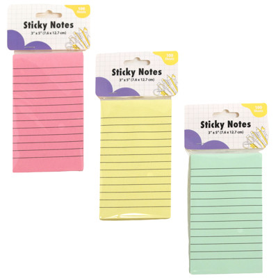 STICKY NOTES LINED 3X5 100 SHEET PAD 3AST COLORS PBH