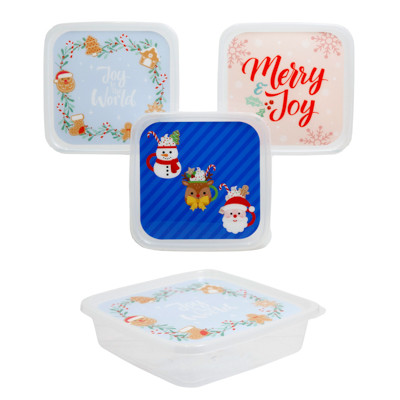 COOKIE CONTAINER SQUARE CHRISTMAS PRINT W/LID 3AST PLASTIC 10X10X2.55IN UPC LABEL
