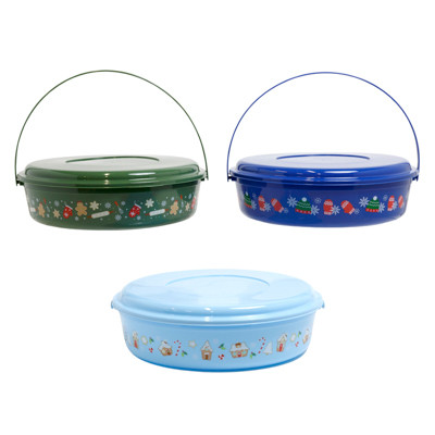 COOKIE CONTAINER ROUND W/LID & HANDLE 3AST CHRISTMAS PRINTS 12.91 X 12.28 X 3.7IN UPC LABEL