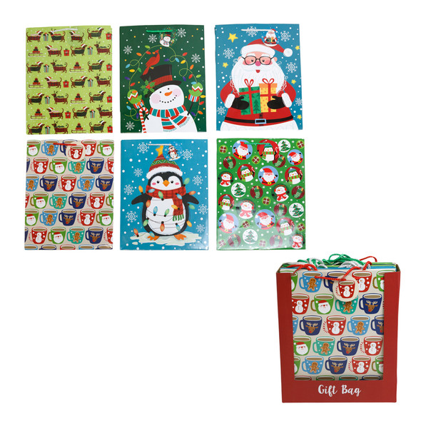 GIFT BAG PAPER LG CHRISTMAS 6AST IN 36PC PDQ 10.2x12.75x5IN MATTE FINISH