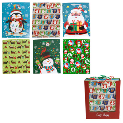 GIFT BAG PAPER LG CHRISTMAS 6AST IN 36PC PDQ 10.2x12.75x5IN MATTE FINISH