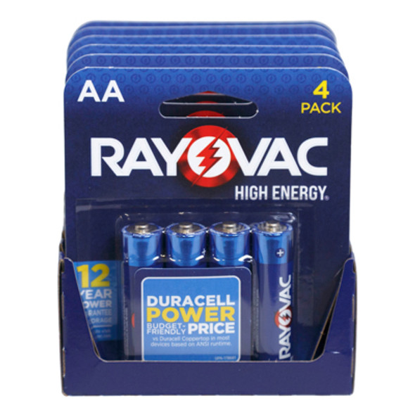 RAYOVAC 4PK AA HIGH ENERGY ALKALINE BATTERIES 3-6PC TRAY PACKS-NO ONLINE SALES