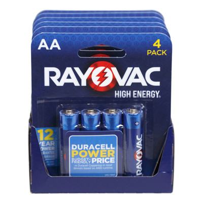 RAYOVAC 4PK AA HIGH ENERGY ALKALINE BATTERIES 3-6PC TRAY PACKS-NO ONLINE SALES - SELL IN USA ONLY