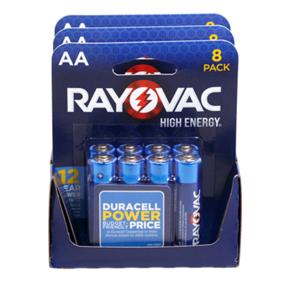 RAYOVAC 8PK AA HIGH ENERGY ALKALINE BATTERIES 3PC COUNTER DISPLAYS RAYOVAC 8PK AA HIGH ENERGY ALKALINE BATTERIES 3PC COUNTER DISPLAYS