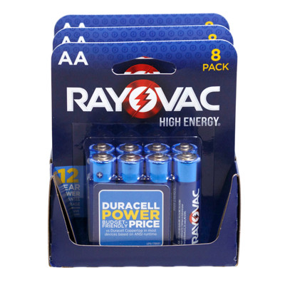 RAYOVAC 8PK AA HIGH ENERGY ALKALINE BATTERIES 8-3PC TRAY PACKS-NO ONLINE SALES - SELL IN USA ONLY