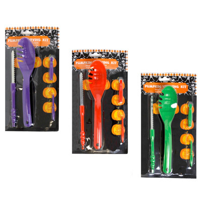 PUMPKIN CARVING KIT 4PC & STENCIL BOOK 3AST COLORS