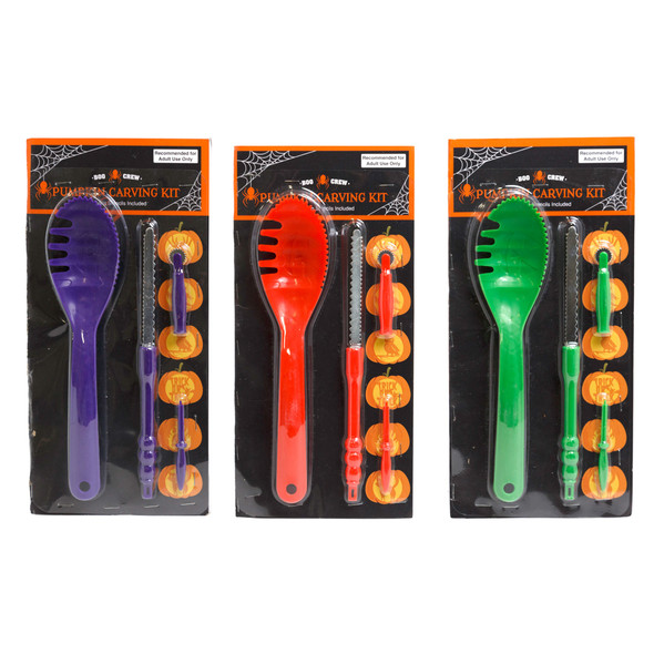 PUMPKIN CARVING KIT 4PC & STENCIL BOOK 3AST COLORS