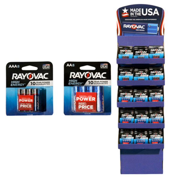 RAYOVAC 66PC FLOOR DISPLAY HIGH ENERGY BATTERIES 36-AA 8PK, 30-AAA 8PK  NO ONLINE SALES