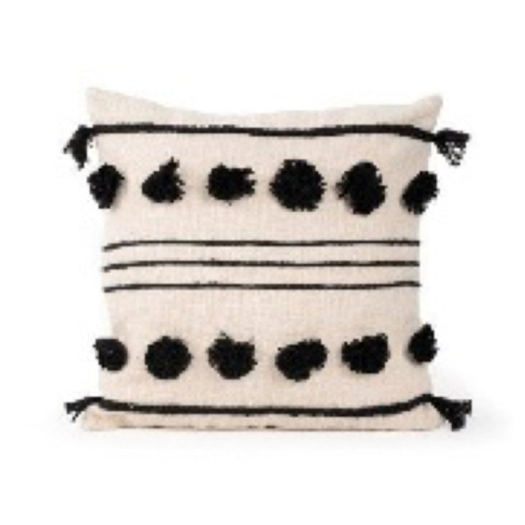 PILLOW 18X6X18 SQUARE POM POM STRIPED BLACK/IVORY