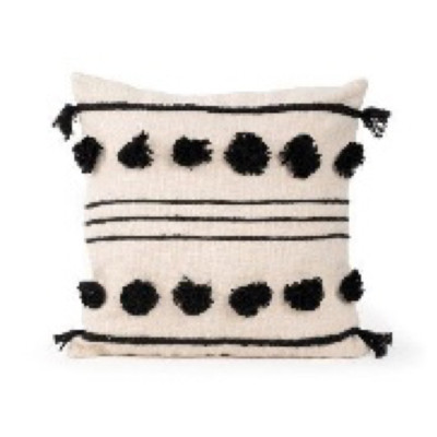 PILLOW 18X6X18 SQUARE POM POM STRIPED BLACK/IVORY