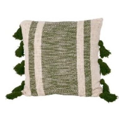 PILLOW 18X5X18 SQUARE TASSEL STIPED GREEN