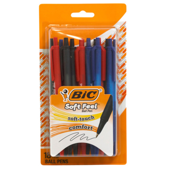 BIC SOFT FEEL RETRACTABLE PENS 18PK ASSORTED PEGGABLE
