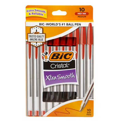BIC PENS 10PK CRISTAL XTRA SMOOTH MEDIUM POINT RED PEGGABLE