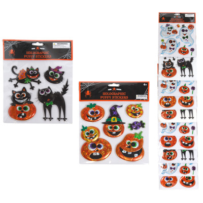 STICKER PUFFY 3ASST GHOST/CAT/PUMPKIN ON 12PC MDSG STRIP
