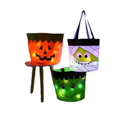 TRICK OR TREAT BAG W/MULTIFUNCTION LED LIGHTS 3AST/POLYESTER 8X13IN HLWN HT/PB