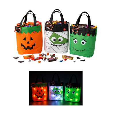 TRICK OR TREAT BAG W/MULTIFUNCTION LED LIGHTS 3AST/POLYESTER 8X13IN HLWN HT/PB