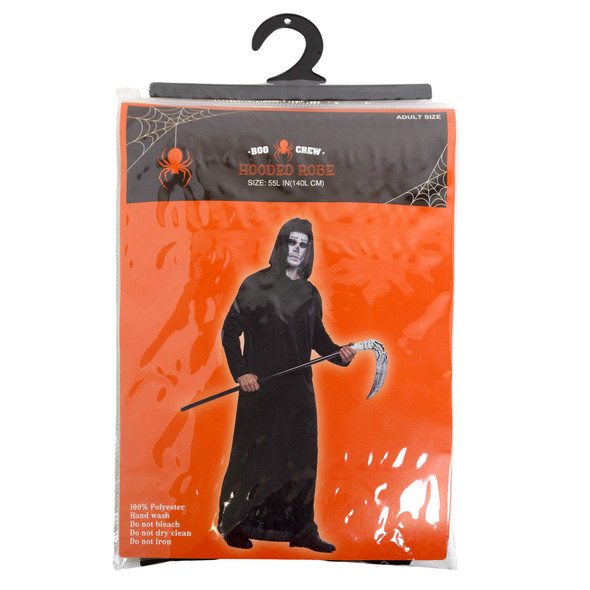 COSTUME ROBE HOODED BLACK ADULT SIZE FOR REAPER/MONK PVC BAG W/HANGER