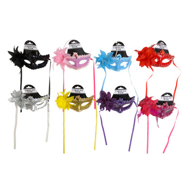 MASK CARNIVALE 8AST CLRS W/TEMPLE GEM & SIDE ACCENT FLOWER/FEATHER PARTY HEADER