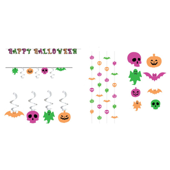 PARTY DECOR NEON BLACK LIGHT HLWN PAPER PARTY 5ASST BANNERS/SWIRLS/CUTOUTS PBH